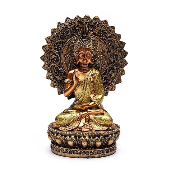 Buddha della rassicurazione con aura e trono