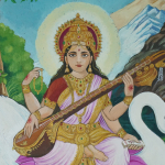 Pannello Saraswati dipinto a mano rivestito di tessuto