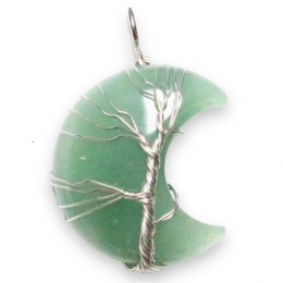 Ciondolo in avventurina verde a forma di luna con albero della vita argentato