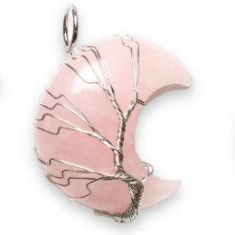 Ciondolo in quarzo rosa a forma di luna con albero della vita argentato